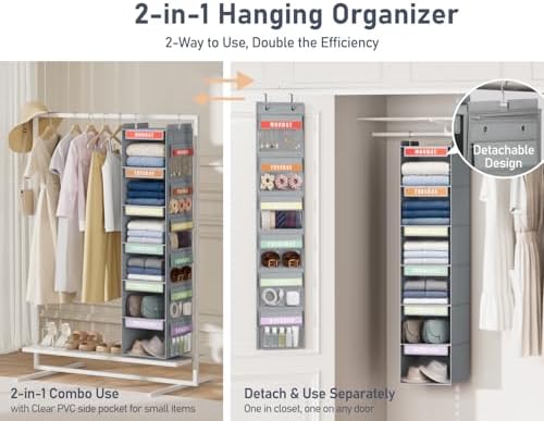 DIMJ Hanging Closet Organizer 2 in 1 - Weekly Clothes Organizer for Kids Over the Door Organizer 6-Shelf Daily Monday Friday Weekend Hanging Shelves, for School Outfits, Baby Clothes, Grey - Image 5