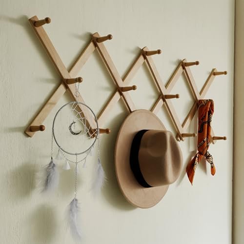 SKOLOO Hat Rack for Wall with 14 Hooks, Solid Wooden, Modern, Expandable Coat Rack Wall Mount for Coats, Hats, Bags, Baseball Caps, Natural Color - Image 4