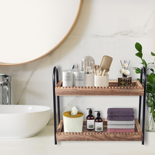 BDBDYEAY Bathroom Countertop Organizer, 2 Tier Vanity Organizer and Storage for Cosmetic Skincare Perfume, Wood Bead Storage Shelf for Bathroom Kitchen Coffee Station - Image 6