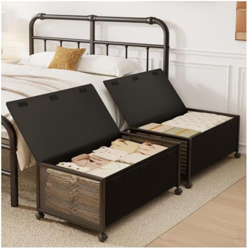Fokyfok 2Pack Under Bed Storage Containers,12 inch Height,31 inch Long | Under Bed Shoe Storage,Underbed Storage with Wheels,Large Rolling under bed Clothes Storage Drawers,Lid,Dorm Tall,Black by Fokyfok