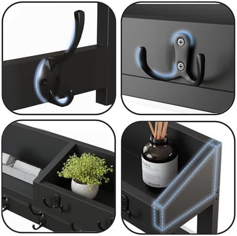 AMBIRD Wall Hooks with Shelf, 26.57 Inch Entryway Wood Coat Hooks for Wall, Coat Rack Wall Mount Rack with 5 Dual Hooks 3 Key Hooks Mail Organizer and Key Rack Key Holder (Black) - Image 6