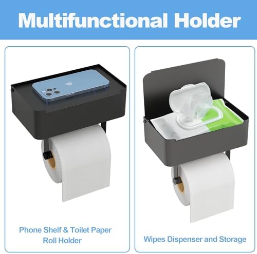 JUYSON Toilet Paper Holder with Shelf, Flushable Wipes Dispenser Fits for Bathroom Wipe Storage, Keep Your Wipes Hidden Out of Sight - SUS304 Stainless Steel Wall Mount Organizer (Matte Black) - Image 3