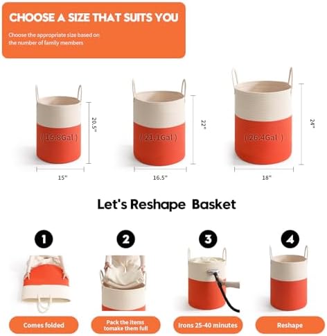 Woven Laundry Hamper Tall Rope Storage Basket for Blanket oys Dirty Clothes in Living Room Bathroom Bedroom (White&Orange, 100L/26.4Gal) - Image 3