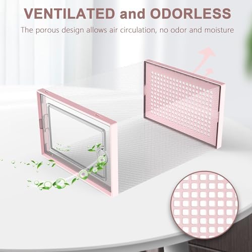 Kuject Shoe Organizers Storage Boxes for Closet, 12 Pack Clear Plastic Stackable Storage Bins with Lids, Under Bed Shoe Containers for Entryway, Drop Front, Fit up to Women's Size 10,Pink - Image 5