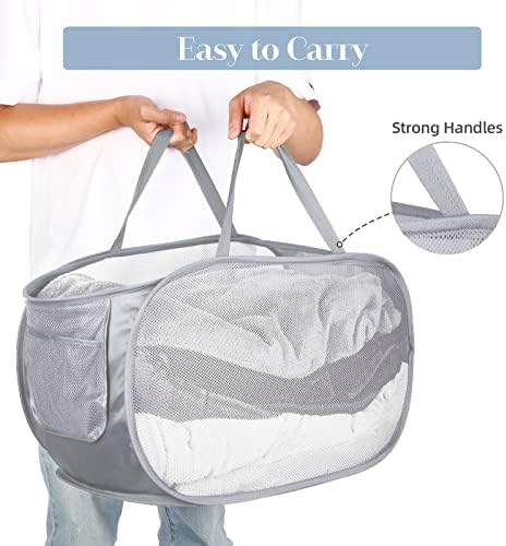 4 Pack Collapsible Laundry Baskets, Foldable Laundry Basket with Pocket, Durable Pop Up Hampers, Reinforced Handles Dirty Clothes Hamper for Laundry, Bedroom, Bathroom, Dorm, Travel or Camping Grey - Image 6