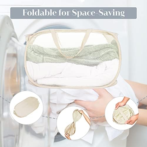 Durable Collapsible Laundry Baskets, Mesh Pop Up Laundry Hamper with Side Pocket, Foldable Clothes Storage Hamper with Reinforced Carry Handles for Laundry, Bathroom, Kids Room, Dorm or Travel Beige - Image 6