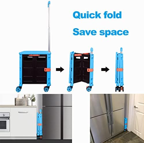 Foldable Utility Cart Folding Portable Rolling Crate Handcart Shopping Trolley Wheel Box with Lid Wear-Resistant Noiseless 360°Rotate Wheel for Travel Shopping Moving Storage Office Use (Sky Blue) - Image 2
