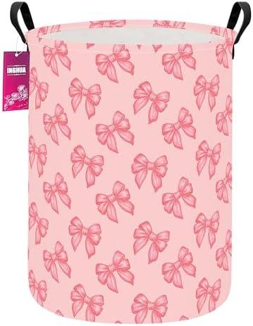 Laundry Hamper Large Canvas Fabric Storage Basket Pink bowknots by INGHUA