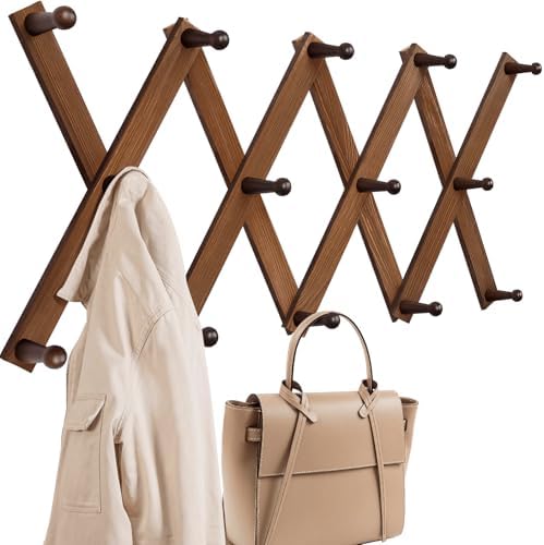 Homode Accordion Wall Hanger, Hat Rack for Wall, Wood Expandable Coat Rack, Vintage Accordian Peg Hooks Purse Organizer for Hanging Baseball Caps, Coffee Mug, Hats, Clothes, Backpack, Towel by Homode