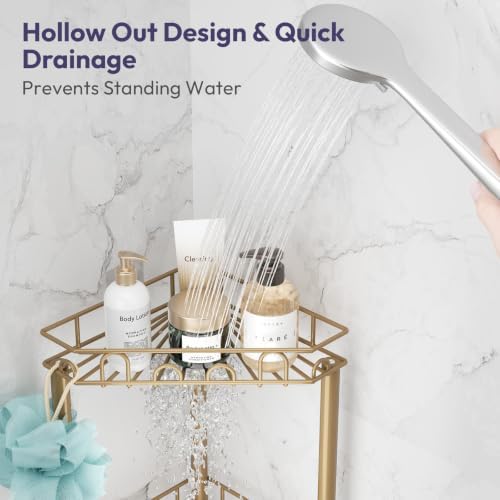 SWTYMIKI Standing Shower Caddy Corner - 4‑Tier Stainless Steel Shower Organizer Shelf with 12 Hooks and Adhesive Pads, Rustproof Corner Shelves Stand Rack for Bathroom Shower Room, Gold - Image 3