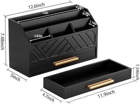dreampossible Black Wood Desk Organizer and Accessories with Drawer, Bill Mail Organizer and File Mail Holder for Office Supplies, Modern Desk Accessories & Workspace Organizers for Desk Organization - Image 5