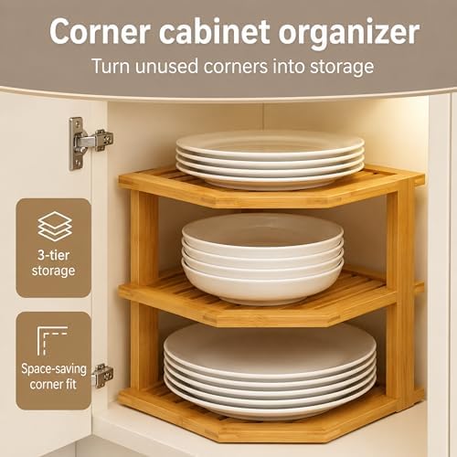 Bambüsi Kitchen Cabinet Organizer 3-Tier Corner Shelf Storage Rack, Bamboo - Image 4