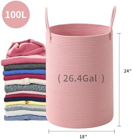 Laundry Basket Hamper Tall Rope Storage Woven for Blanket toys Dirty Clothes in Living Room Bathroom Bedroom (Pink, 100L/26.4Gal) - Image 3