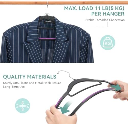 Tonswachic Pack of 50 Coat Hangers, Space-Saving Plastic Clothes Hangers, Non-Slip, 0.2 Inches Slim, 360° Swivel Silver Hook for Shirts, Pants, Suit & Wet/Dry Garments, Purple and Black - Image 5