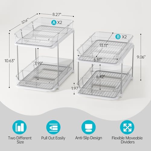 Delamu 4 Pack 2-Tier Bathroom Under Sink Organizers and Storage, Multi-Purpose Stackable Pantry Organization and Storage, Pull Out Clear Kitchen Bathroom Cabinet Organizer with Movable Dividers, White - Image 2