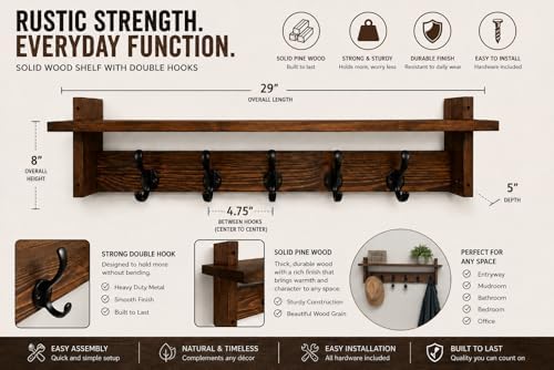 29" Coat Rack Wall Mount with Shelf, Entryway Wall Hooks with Shelf, Coat Hangers for Bathroom, Living Room, Bedroom - Image 3