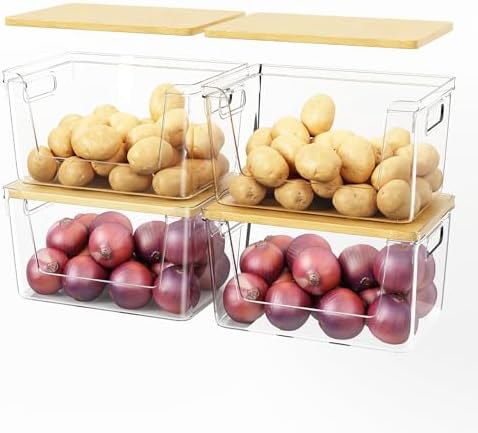 4 Set Pantry Organizer and Stackable Storage Kitchen,Sturdy and Durable Storage Basket for Potato, Onion, Garlic, Fruit, Vegetable, Produce, Clear Plastic Storage with Lid&Handle by Unknown