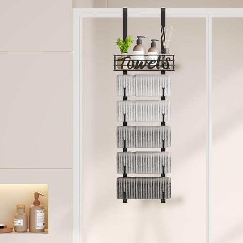 SWTYMIKI Hanging Towel Racks for Bathroom - 6 Tier Over The Door & Wall Mounted Bath Rolled Towel Storage Organizer Holder for Small Bathroom, RV, Camper, Black (Patented) - Image 3