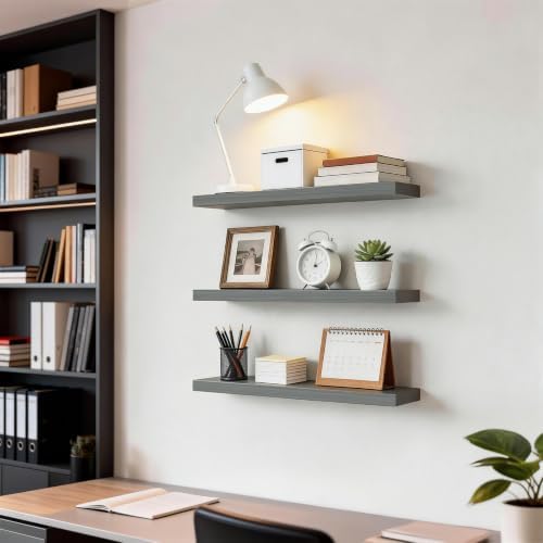 BAYKA Grey Floating Shelves 22.5in, Set of 3, Wall Mount Rustic Wood Shelf - Image 6