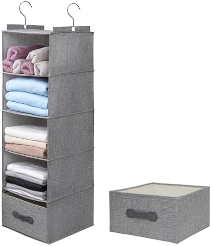 Large Hanging Sweater Organizer, Grey, 5 Shelf-1 d | Collapsible, 5-Shelf Hanging Closet Shelves, With Drawers, Washable by Unknown