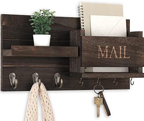 Lwenki Mail Organizer for Wall Mount – Key Holder with Shelf Includes Letter Holder and Hooks for Hallway Farmhouse Decor – Rustic Wood with Flush Mounting Hardware (16.5” x 9.1” x 3.4”) (Brown) by Lwenki
