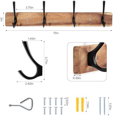 Yangbaga Coat Rack Wall Mount,Acacia Wood Coat Hooks Wall Mount,15" Wall Coat Rack with Heavy Duty 4-Double-Hooks,Hat Rack Wall Coat Hanger for Towel/Dog’s Leashes/Coat/Bag - Image 2