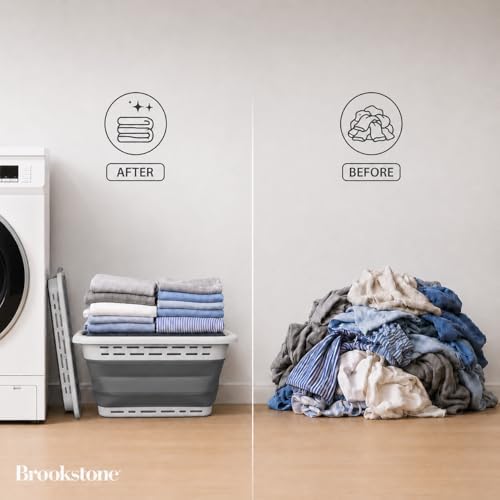 BROOKSTONE 11 GALLON XL 24" Collapsible Laundry Basket & Clothes Hamper, Comfort Non-Slip Handles, Modern Laundry Hamper with Space Saving Design, Portable Pop-Up Hamper, BPA FREE, Light Grey, 1 Pack - Image 3
