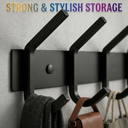 Coat Rack Wall Mount – 17 Inch Stainless Steel Hook Rail with 6 Double Coat Hooks for Hanging – Wall Mounted Entryway Organizer for Coats, Hats, Bags, Towels, Robes, Closet or Bathroom - Black 2 Pack - Image 4