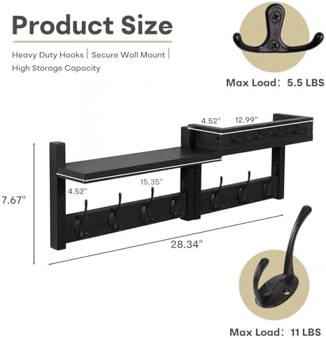 29" Wall Coat Rack with Shelf & Mail Organizer, Entryway Black - Image 3