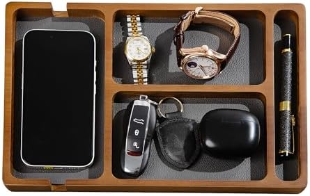 Shinpuru Wooden Valet Tray for Men, Nightstand Organizer with Leather Inlay, EDC Essentials Catchall Tray for Keys, Phone, Wallet, Watch, Earbuds - Bedside Desk Entryway Tray (Wood-Pen) by SimplicityinEverydayLife