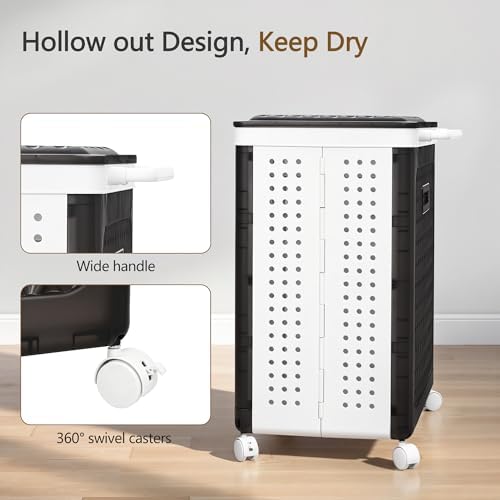 VECELO Rolling Laundry Hamper with Wheels and Lid, Foldable Plastic Laundry Basket with Handle, Rolling Divided Laundry Cart for Small Spaces, Laundry, Bathroom, Bedroom, Black - Image 5