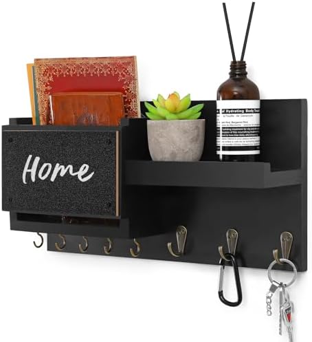 Decorative Key Hanging Rack with 8 Hooks – Easy Install Natural Wooden Key and Mail Holder for Wall Mount – Sunglasses Wallet Holder Entryway Decor with Shelf and Chalkboard (Coal Black) by WeBravery