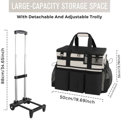 SCAVATA Rolling Cleaning Caddy Bag with Detachable Trolley, Large Cleaning Supplies Organizer with Wheels, Multi-Pocket Cleaning Cart with Adjustable Shoulder Strap for Housekeepers (CreamWhite) - Image 5