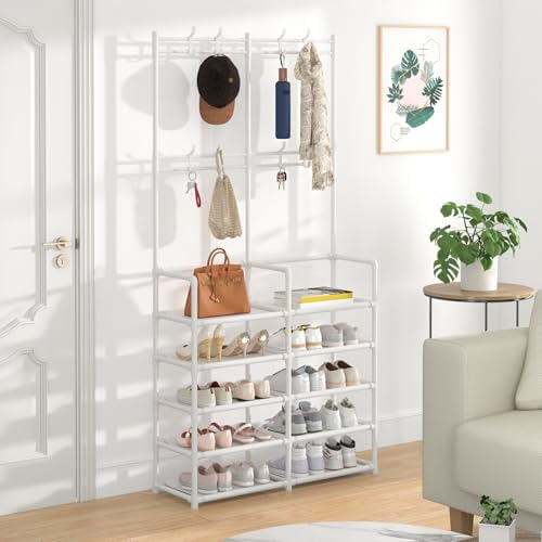 Laiensia 5-Tier Entryway Coat Rack, Coat and Shoe Rack, Entryway Bench Storage Organizer with 8 Hooks for Bedroom, Hallway, Office, White - Image 2