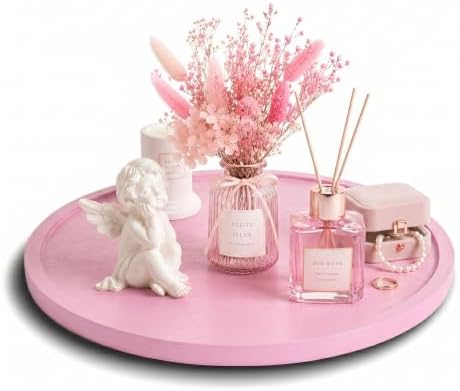 Lazy Susan Turntable Organizer, 12" Acacia Wood Decorative Tray, Pink by BLESWIN