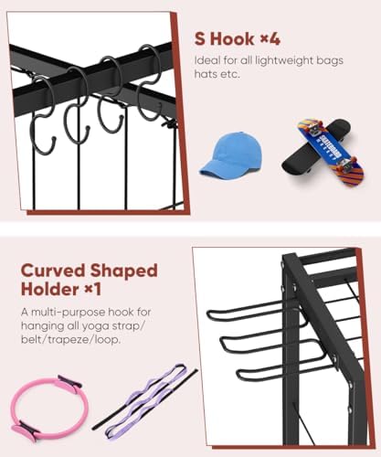 3 Tiers Dumbbells Yoga Mat Storage Rack with Elastic Straps for Kettlebells Foam Roller Resistance Bands Balls, Workout Equipment Organizer Weight Storage Holder with Hooks for Home Gym - Image 4