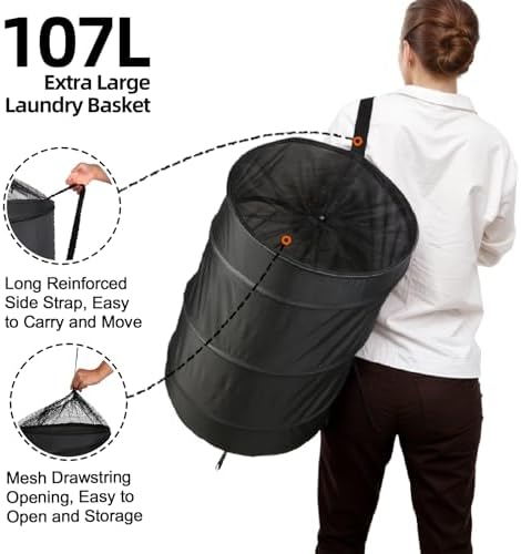 BATTOO Extra Large 107L Strong Laundry Hamper 17.5" x 27" Collapsible Laundry Baskets with Long Straps Drawstring Barrel Foldable Hamper for Laundry Room, Bathroom, Campout, College Dorm or Travel - Image 3