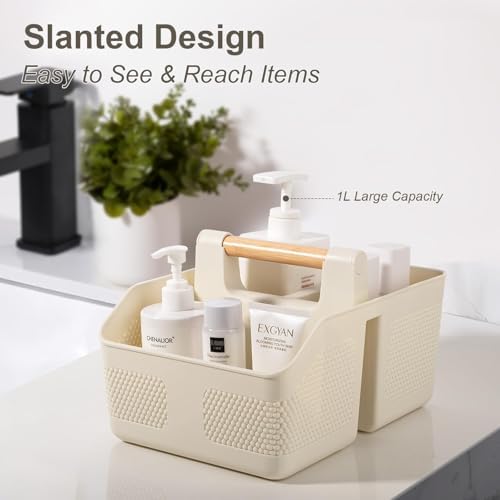 Plastic Shower Caddy Portable Shower Basket with Bamboo Handle, Cream - Image 2
