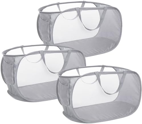 3 Pack Collapsible Laundry Baskets, Foldable Laundry Basket with Pocket, Mesh Pop Up Hampers, Reinforced Handles Dirty Clothes Hamper for Laundry, Bedroom, Bathroom, Dorm, Travel or Camping Grey by Bemkoo