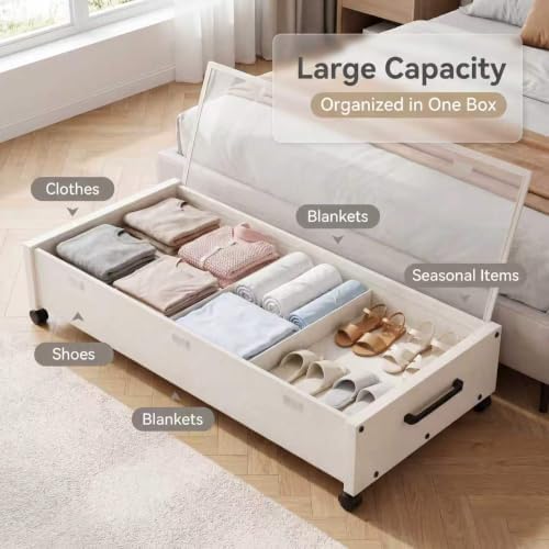 KITHELP Wooden Under Bed Storage with Wheels, Rolling Under the Bed Storage Bins with Removable Lid, Metal Under Bed Drawers for Clothes and Shoes in Bedroom or Living Room (White-2pack) - Image 2