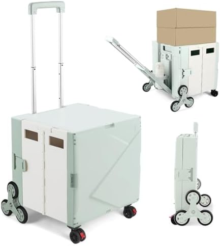 76L Folding Utility Cart Portable Rolling Crate Handcart Shopping Collapsible Tool Box with Stair Climbing Wheels,Hidden Lid,2 Rotate Wheels,for Grocery,Shopping,Office,Storage(Green White) by ZIYOULANG