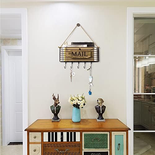 SRIWATANA Mail Organizer Wall Mount, 5 Key Hooks, Large, Carbonized Black - Image 2