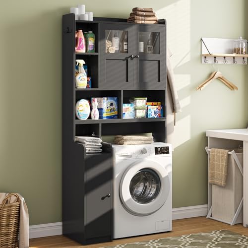 Itaar Over The Toilet Storage Cabinet, Over Toilet Bathroom Organizer with Glass Doors & Toilet Paper Holder Stand, Home Space-Saving Toilet Rack, for Bathroom, Restroom, Laundry(Black) - Image 4