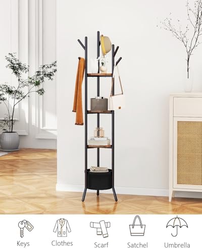 YMYNY Coat Rack, Freestanding Coat Stand with Storage Shelves, Hall Trees with 3 Wooden Shelves and 1 Fabric Basket, Metal Clothes Stand for Hats Bags Hallway Bedroom Rustic Brown UHGR005H - Image 3