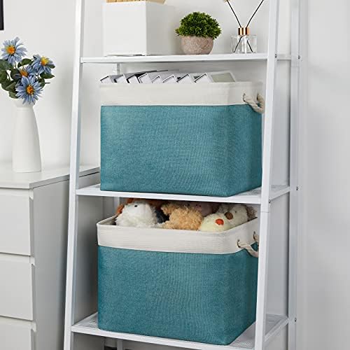 Bidtakay Foldable Storage Bins Set of 2 Tall Cloth Baskets 16" X 11.8" X 11.8" Decorative Organizers for Linen Closet (White & Teal) - Image 3