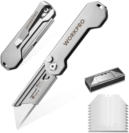 WORKPRO 2PCS EDC Folding Utility Knife, Mini Box Cutter with Quick Open Axis Lock, Quick Change Blade Razor Knife, Foldable Small Pocket Knife with Belt Clip, 2 Packs with 10 Extra Blades by WORKPRO