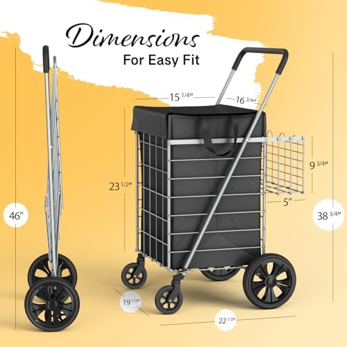 Our Modern Space Shopping Cart w/Waterproof Basket Liner & 360° Swivel Wheels | Foldable Collapsible & Lightweight | Perfect for Groceries Laundry Utility Cart - Silver - Image 2