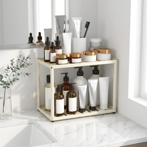 2 Tier Bathroom Counter Organizer, Rectangular Vanity Organizer Shelf, Skincare and Makeup Countertop Storage Rack for Kitchen, Bathroom, Bedroom Beige - Image 2