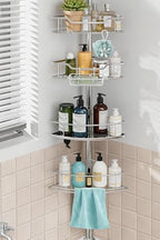 Corner Shower Caddy Tension Pole Rustproof, 4 Tier Adjustable Shower Organizer Tension Pole, 25-125 Inch Bathroom Shower Organizer for Bathtub Shampoo Storage, Silver by Dimyno