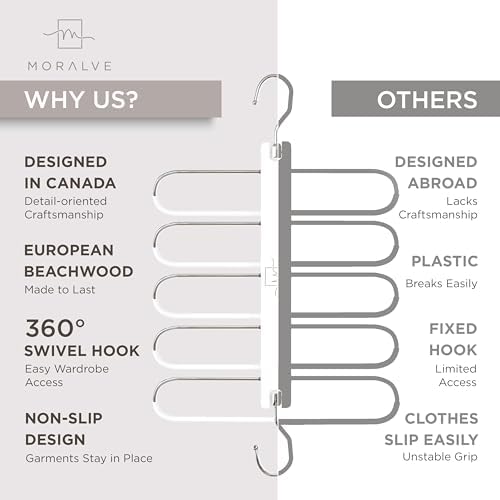 MORALVE Pants Hangers Space Saving - 4 Pack European Beechwood Scarf and Jean Hangers - Closet Organizer and Space Saver Pant Rack, Leggings Hanger, and Scarf Holder with 360° Swivel Hook - Image 5
